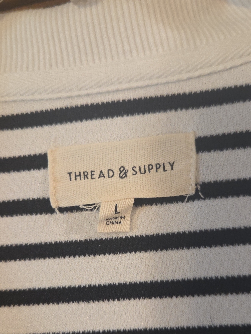 Thread & Supply Black and White Striped V-Neck Collared Sweater - Picture 2 of 5
